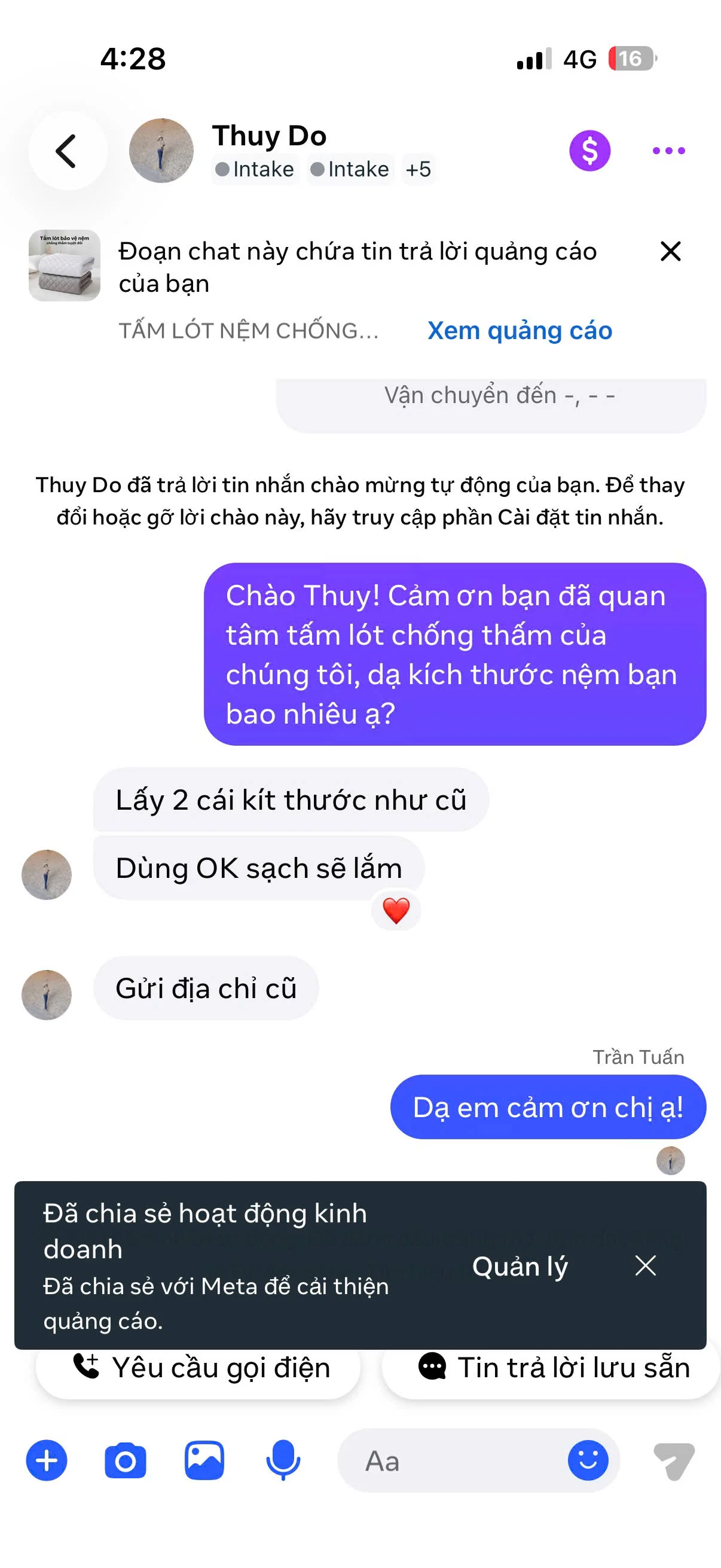 Khách đặt thêm và phản hồi sau sử dụng